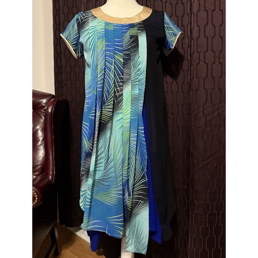SZ 8 Dress Tropical Gold‎ Collar Asymmetric Trim Blue Snapdragon Luxury Resort